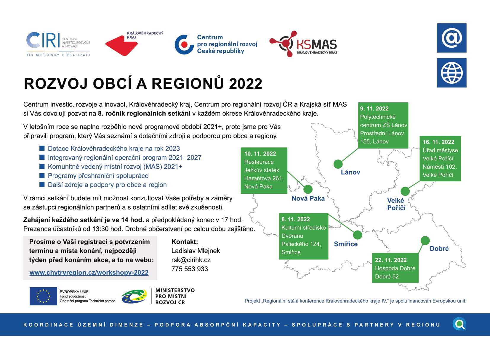 V listopadu se uskuteční pět setkání, která pomohou s rozvojem obcí a regionů