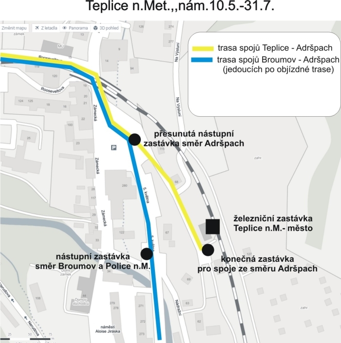 Uzavírky v Teplicích nad Metují budou mít vliv na veřejnou autobusovou dopravu. Informujeme o objížďkách a změnách zastávek